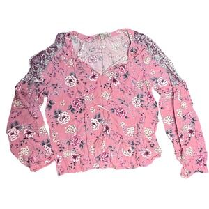 Gypsies & Moondust Pink Floral Long Sleeve Tassel Blouse Size L